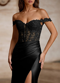 Wrentino Black Embroidered Appliqué Satin Prom Dress image4