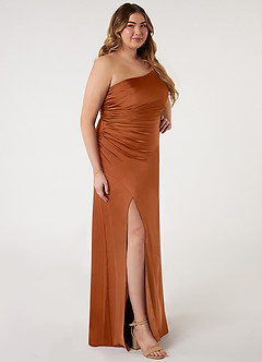 Azazie Eren Vestidos de damas de honor Vestido de Cobre de Satén Elástico de Corte Sirena con Hombro unilateral image8