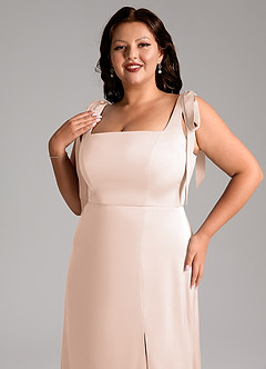 Azazie Frostine Bridesmaid Dresses Blushing Pink A-Line Bow Stretch Satin Dress image12