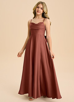 Azazie Bear Junior A라인 스윗하트 네크라인 스트레치 새틴 플로어 길이 주니어 신부 들러리 드레스 image4