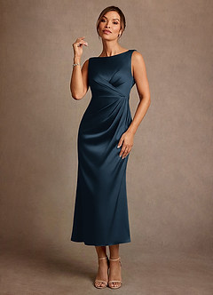 Azazie Mazhe Mère de la mariée Robes Robe Trapèze en Satin extensible Plissé Bleu Marine Foncé image1