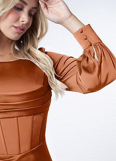 Azazie Raye Jurken voor bruidsmeisjes Jurk van Stretch Satijn met Zeemeermin Lange mouw Koper image6
