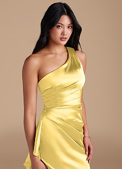 Azazie Latrice Bridesmaid Dresses Canary Sheath One Shoulder Metallic Satin Dress image3