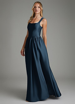 Azazie Nevaeh Bridesmaid Dresses Dark Navy A-Line Corset Stretch Satin Dress image5