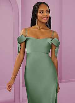 Barbie ♥ Azazie Jurken voor bruidsmeisjes Converteerbaar Jurk van Stretch Satijn met Kolom Off the Shoulder Matcha image3