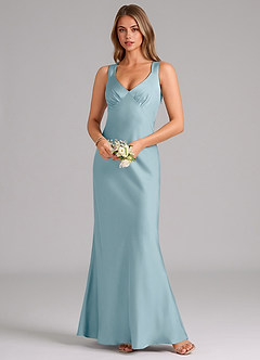 Azazie Kamila Bridesmaid Dresses Moody Blue A-Line Pleated Stretch Satin Dress image4