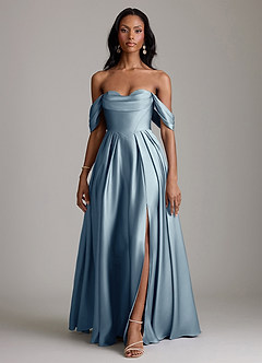 Azazie Loisa Probar vestidos en casa Vestido de Azul Polvoriento de Satén Elástico de Corte en A con Vestidos sin tirantes image7