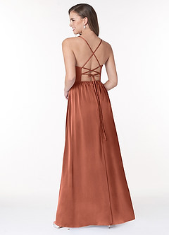 Azazie Raya Bridesmaid Dresses Clay A-Line V-Neck Pleated Stretch Satin Dress image2