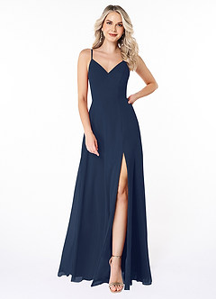 Azazie Lena Bridesmaid Dresses Dark Navy A-Line Lace Chiffon Dress image1
