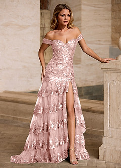 Jenna Pink Ruffled Glitter Mermaid Prom Dress image3