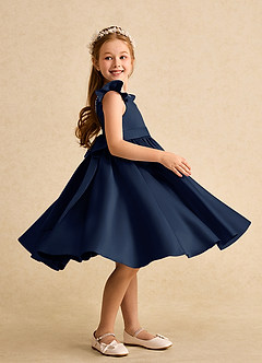 Azazie Dumpling Flower Girl Dresses Dark Navy A-Line Bow Matte Satin Dress image5