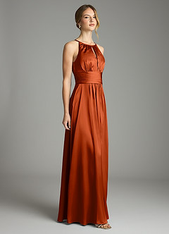Azazie Bonnie Bridesmaid Dresses Paprika A-Line Pleated Stretch Satin Dress image4