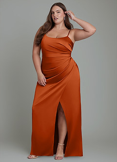Azazie Calandra Bridesmaid Dresses Burnt Orange Sheath Pleated Stretch Satin Dress image10