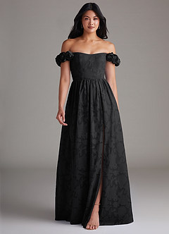 Azazie Autumn Bridesmaid Dresses Black A-Line Off the Shoulder Floral Burnout Convertible Dress image1