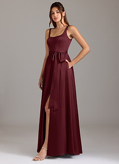 Azazie Elliott Vestidos de damas de honor Vestido de Cabernet de Satén Elástico de Corte en A con Con bolsillos image4