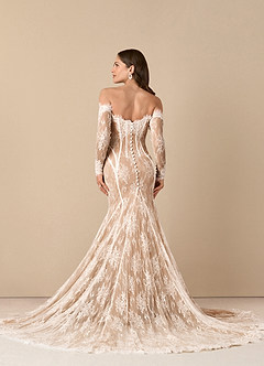 Azazie Katherine Wedding Dresses Diamond White Caramel Mermaid Off the Shoulder Tulle Dress image4
