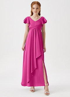 Azazie Omari Junior Fuchsia A-Line Pleated Stretch Satin Dress image4