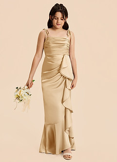 Azazie Ryan Junior Vestido de Oro de Satén Elástico de Corte Recto con Lazo image4