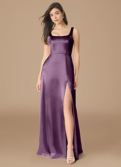 Azazie Joyce Bridesmaid Dresses Plum A-Line Side Slit Metallic Satin Dress image1
