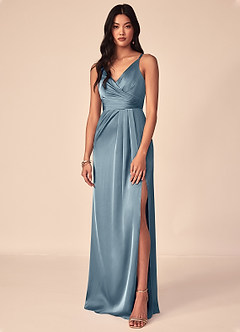 Azazie Aqua Bridesmaid Dresses Dusty Blue A-Line V-Neck Pleated Stretch Satin Dress image1