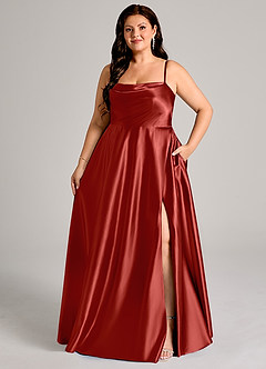 Azazie Elle Bridesmaid Dresses Rust A-Line with Pockets Metallic Satin Dress image7