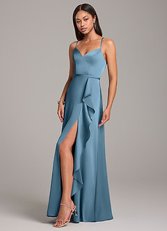 Azazie Naeem Bridesmaid Dresses Steel Blue A-Line Stretch Satin Dress image3