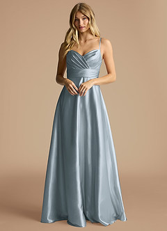 Azazie Oliana Robes de demoiselle d'honneur Robe Trapèze en Satiné métallisé Plissée Bleu Poussiéreux image1