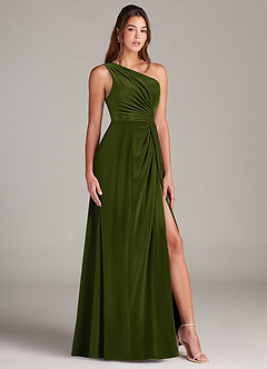 Azazie Brooke Bridesmaid Dresses Olive A-Line One Shoulder Velvet Dress image3