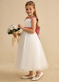 Azazie Lilli Blumenmädchenkleider A-Linie Schleifen Tüll Kleid Elfenbein Lachsrosa image3