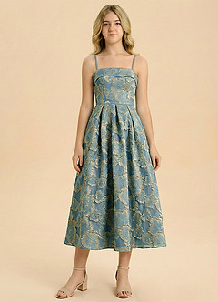 Azazie Florentine Junior Formal Vestido de Pizarra Descolorida Floral de Tafetán Jacquard de Corte en A con Plisado image4