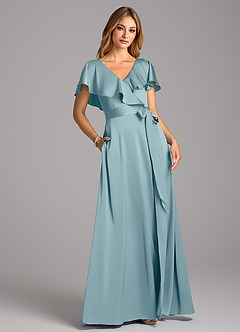Azazie Lainey Bridesmaid Dresses Moody Blue A-Line with Pockets Stretch Satin Dress image1