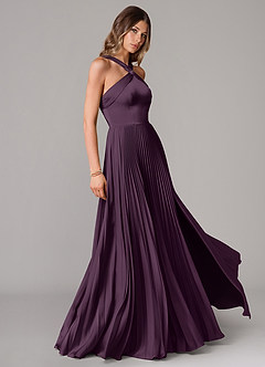 Azazie Afra Bridesmaid Dresses Plum A-Line Pleated Stretch Satin Dress image3