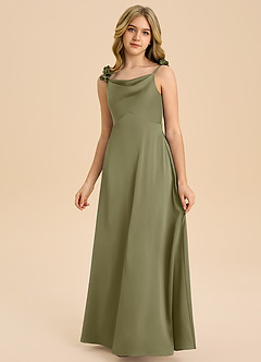 Azazie Gumdrop Junior Dusty Sage Empire Pleated Stretch Satin Dress image3