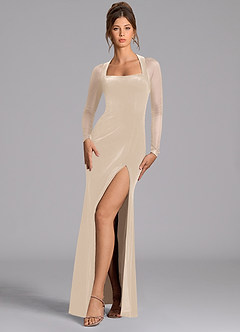 Azazie Megan Final Sale Champagne Mermaid Long Sleeve Mesh Dress image3