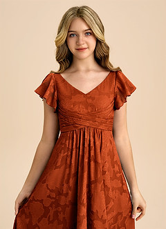 Azazie Omari Junior Paprika A-Line Pleated Floral Burnout Dress image7