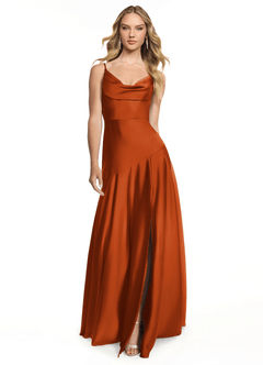 Azazie Kayla Bridesmaid Dresses Burnt Orange Sheath Side Slit Stretch Satin Dress image1