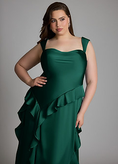 Azazie Sloane At-home Try On Dresses Emerald A-Line Sweetheart Neckline Stretch Satin Dress image15