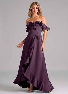 Azazie Lyra Bridesmaid Dresses Plum A-Line Off the Shoulder Stretch Satin Convertible Dress image1