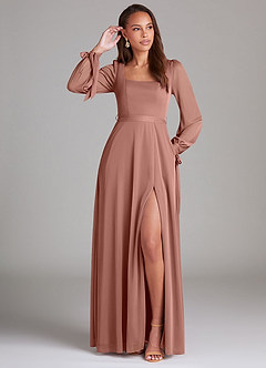 Azazie Leonia Bridesmaid Dresses Cedar Rose A-Line Long Sleeve Mesh Dress image1