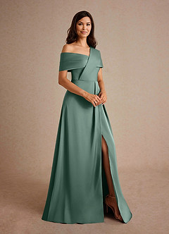 Azazie Milton Mother of the Bride Dresses Eucalyptus A-Line Pleated Stretch Satin Dress image6
