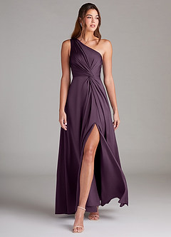 Azazie Brooke Bridesmaid Dresses Plum A-Line One Shoulder Stretch Satin Dress image3