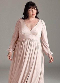 Azazie Norah Bridesmaid Dresses Rose Petal A-Line V-Neck Long Sleeve Chiffon Dress image12