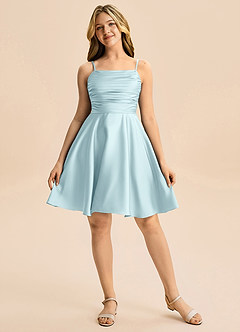 Azazie Miko Junior Cloud Blue A-Line Pleated Stretch Satin Dress image5