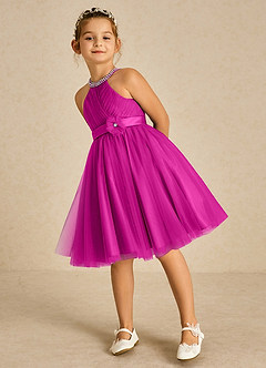 Azazie Honey Flower Girl Dresses Fuchsia A-Line Beaded Matte Satin Dress image5
