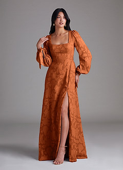 Azazie Leonia Bridesmaid Dresses Burnt Orange A-Line Long Sleeve Floral Burnout Dress image4