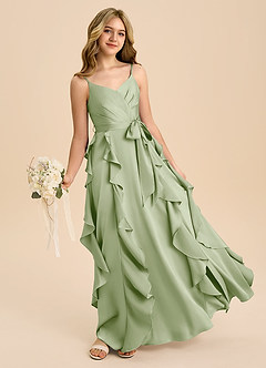 Azazie Peyton Junior A라인 주름진 스트레치 새틴 플로어 길이 주니어 신부 들러리 드레스 image1