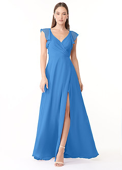 Azazie Yoko Bridesmaid Dresses Blue Jay A-Line Ruched Chiffon Dress image1