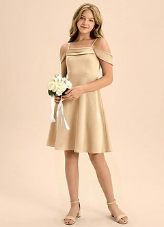 Azazie Anselie Junior Champagne A-Line Pleated Stretch Satin Dress image1