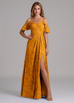 Azazie Dakota Abiti da Damigella Abito A-Line in Burnout Floreale a Spalla Scoperta Caramello image4