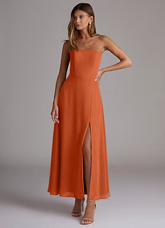 Azazie Wren Brautjungfernkleider A-Linie Schulterfrei Chiffon Kleid Gebranntes Orange image1